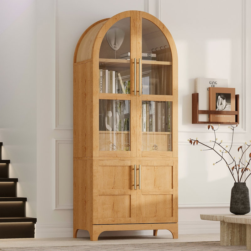 71" Tall Arched Kitchen Pantry Cabinet With Door Shelves, Farmhouse Kitchen Storage Cabinet With Open & Adjustable Shelves, Hidden Drawer & Glass Door, Cupboard For Kitchen, Dining Room