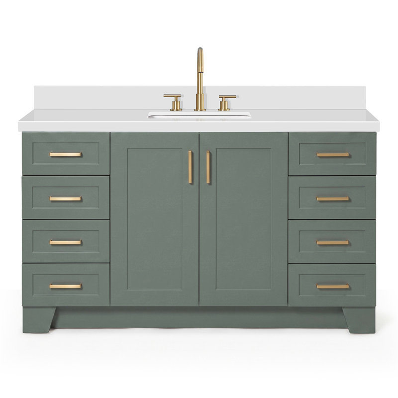 61 IN.  Single Bathroom Vanity, Rectangle, White Quartz, Vintage Green