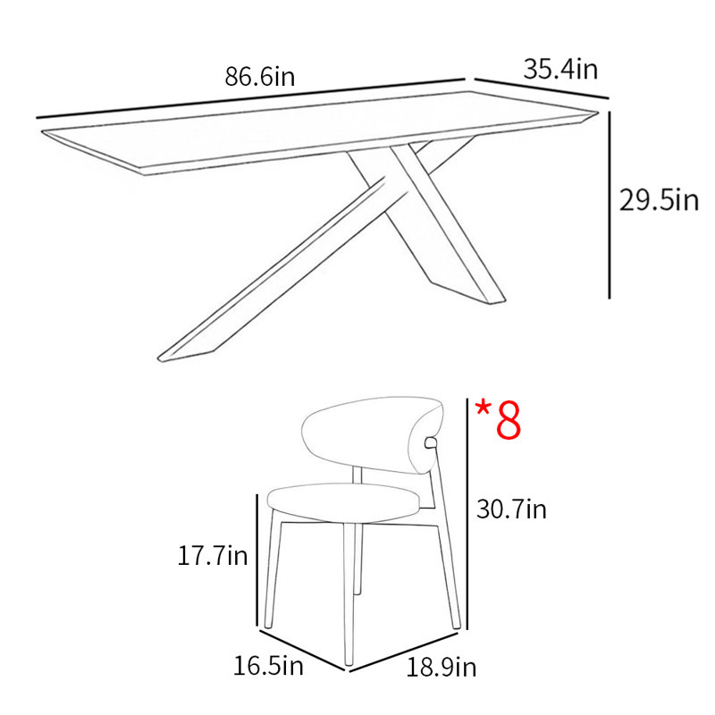 Ensemble de table de salle à manger rectangulaire de style français, Noir, H 29,5 po x L 86,6 po x l 35,4 po