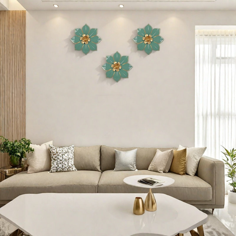 Metal Flowers Wall Decor Hanging 3 Pcs, Green