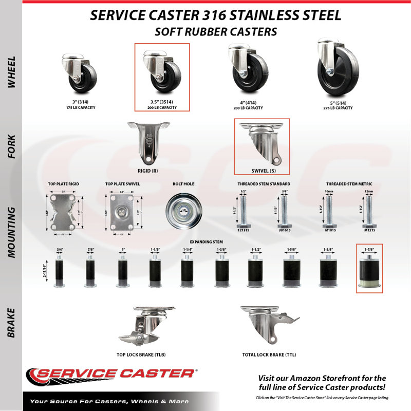 Ensemble de roulettes extensibles en acier inoxydable 316SS