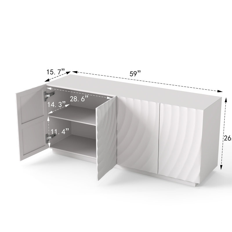 Rangement moderne à 4 portes en bois de pin blanc, largeur 59 po, design sculptural 3D, pour buffet de salle à manger, porte, bois, eau, autoportant