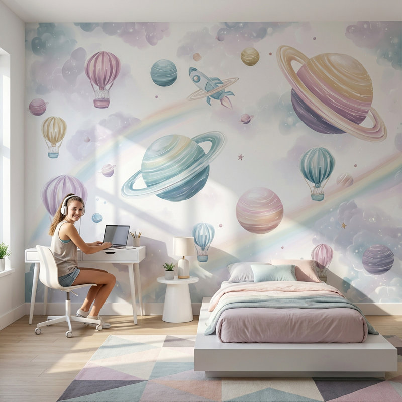 Space Wallpaper Planets Whimsical Wall Decor, Non-Woven Nonpasted, 160"x108"