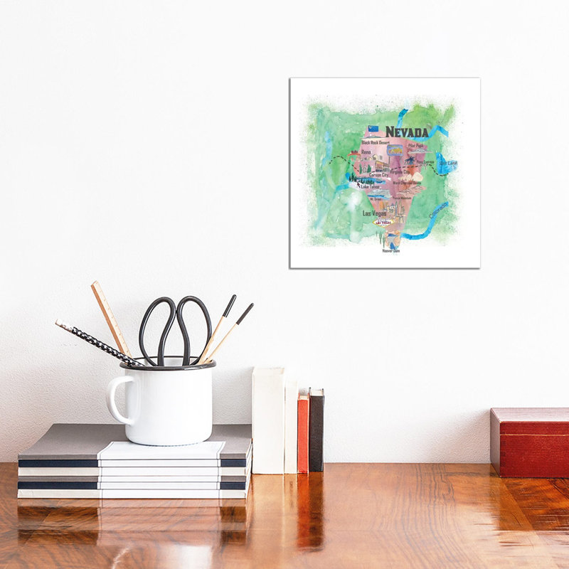 USA, Nevada Illustrated Travel Poster 1 Piece Wrapped Canvas Wall Art, 30.48 cm H x 30.48 cm W