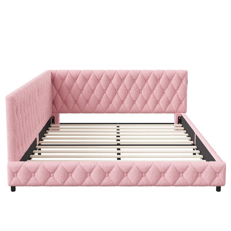 European Double (140X200cm) Teddy Fleece Corner Daybed With LED Under-Glow, Upholstered Sofa Bed Frame With USB-C,  Creame & Pink