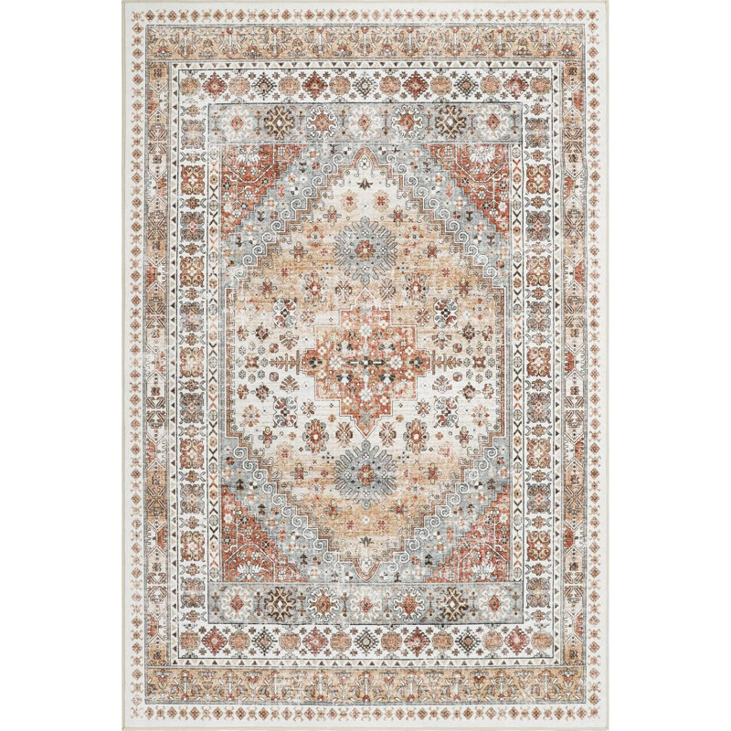 Medallion Non Slip Washable Rug(Orange), Rectangle 8' x 10'