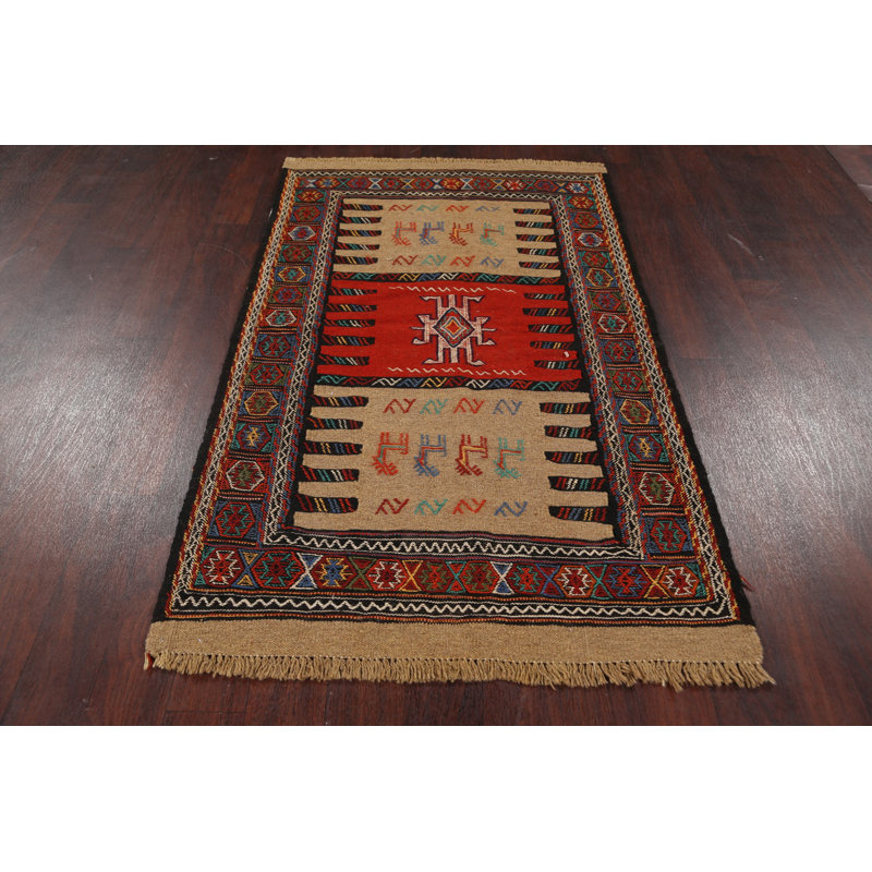 Tapis rouge / noir / brun en laine fabriqué à la main Kilim