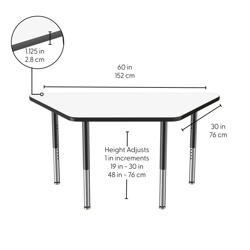 Table d'activité trapézoïdale effaçable à sec avec pieds réglables, 30 po x 60 po, Tableau blanc / noir, Super