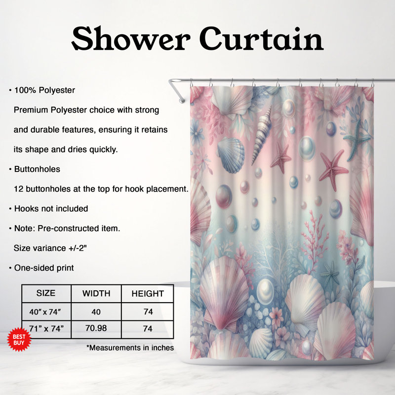 Rideau de douche 1 pièce Shell & Pearl Dream, H 74 po x l 71 po