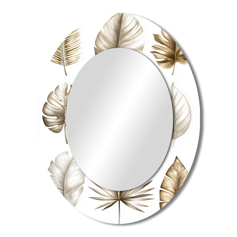 Miroir mural ovale en métal Reflection Tropical Grey Leaves III, 43 po x 33 po