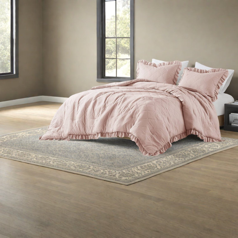 Premium Blush Microfiber Bedding Sets, Diamond Quilted Comforter With Ruffled Edge For Home