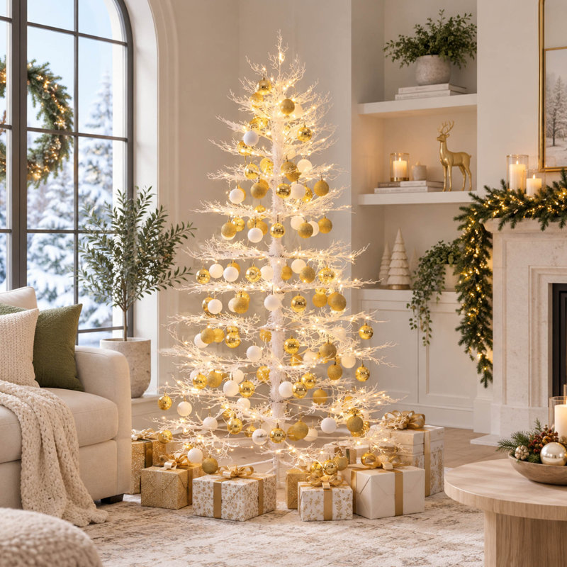 Sapin de Noël blanc Aspen pré-illuminé de 1,80 m avec 600 DEL et décorations