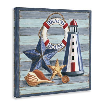 «Rustic Beach House on Stripes», art mural sur toile par Jennifer Brinley
