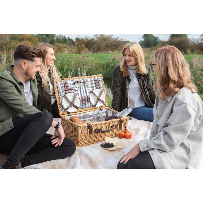 Newbury Wicker Picnic Basket with Navy and Burgundy Plaid Interior
