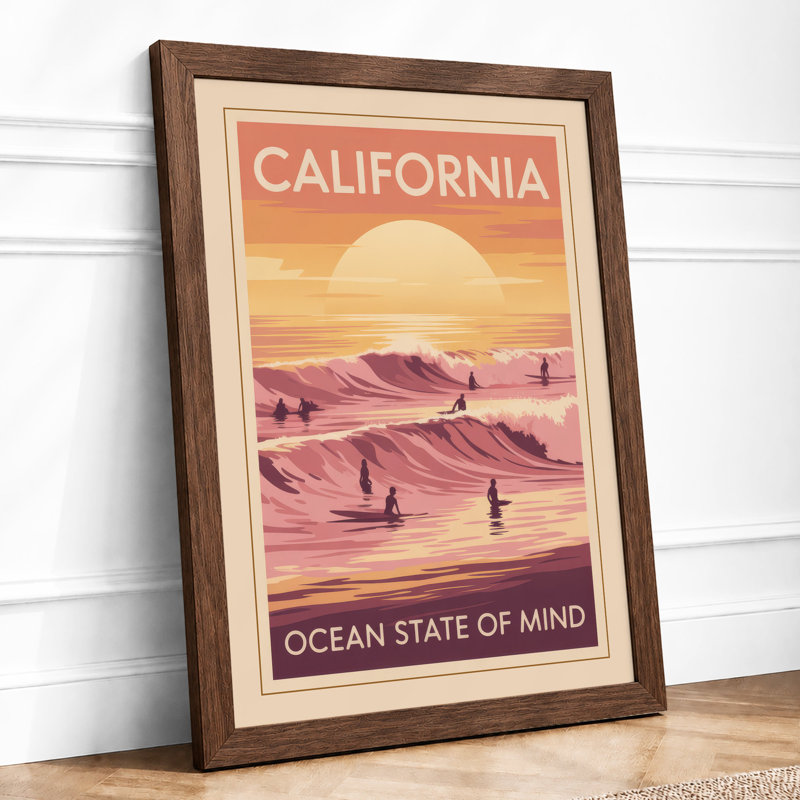 California Ocean State of Mind Retro - Framed Print, A3 - 42.0 x 29.7 cm, Walnut