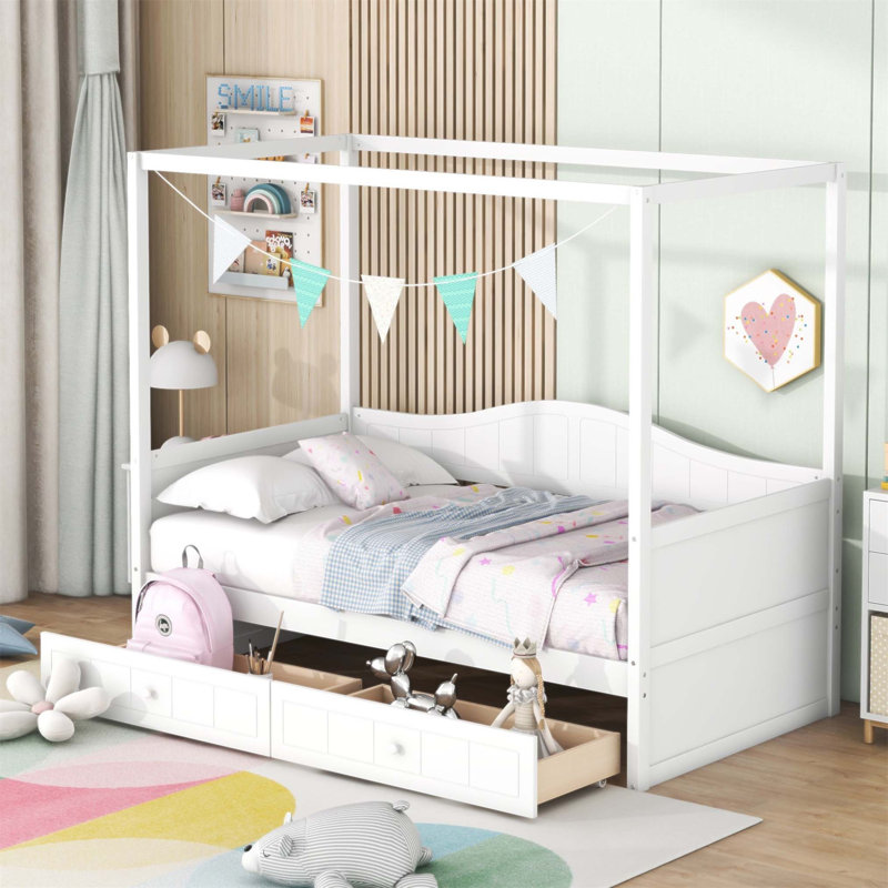 Lit de jour simple à baldaquin en bois avec 2 tiroirs, finition élégante et rangement compact pour les chambres modernes (sans matelas)