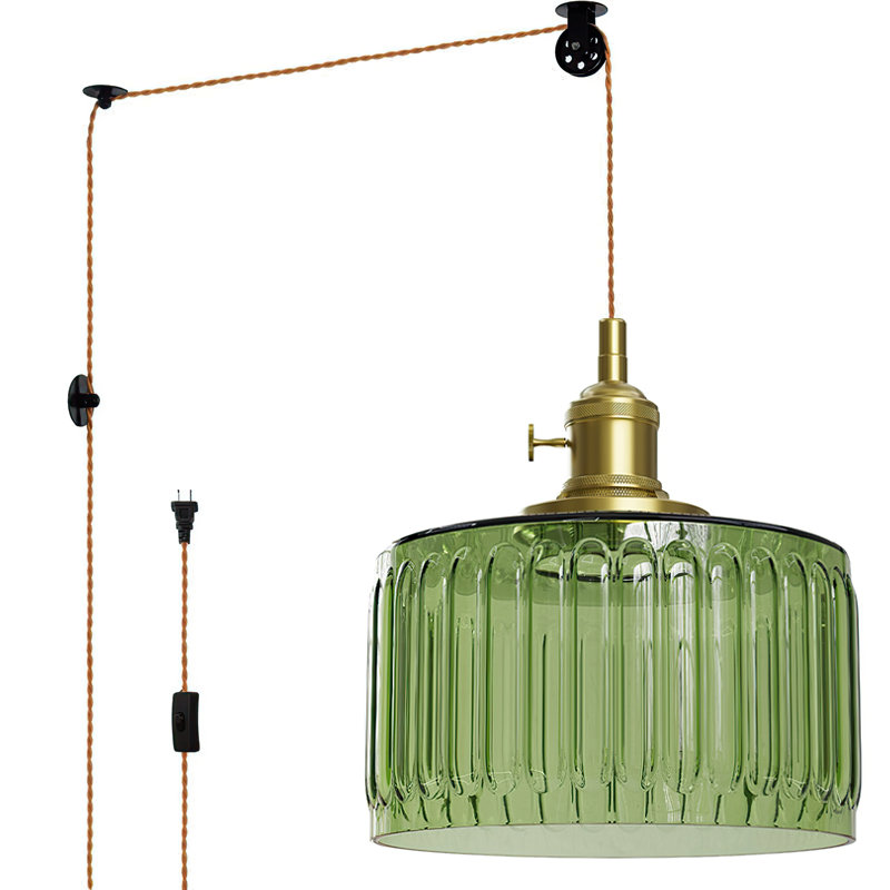 1-Light Green Ribbed Glass Plug-In Pendant Light with Brass Finish, Green