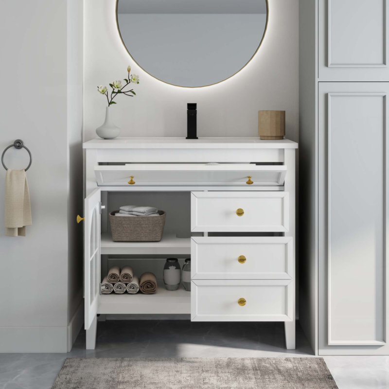 Lavabo de salle de bain de style Mid-Century avec verre à motif et bande lumineuse à capteur de mouvement, lavabo de salle de bain autoportant Farmhouse avec rangement, meuble-lavabo haut de gamme (robinet non inclus)