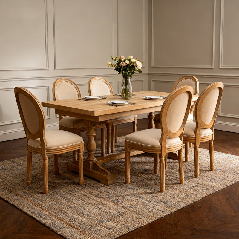 Ensemble de 2 chaises de salle à manger à dossier ovale vintage français - Revêtement en bois massif et lin