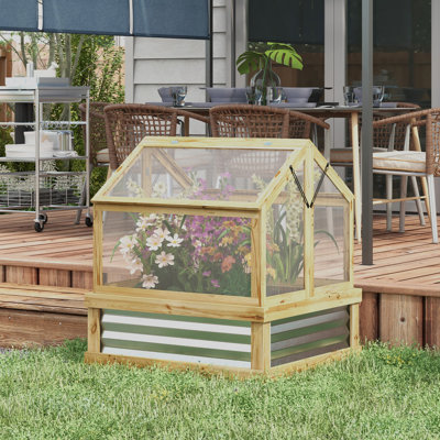 Lit de jardin surélevé avec serre en polycarbonate, protection de jardinière en bois pour jardin à cadre froid en bois, toit en crête, 35,5 po x 31,5 po x 36 po, naturel
