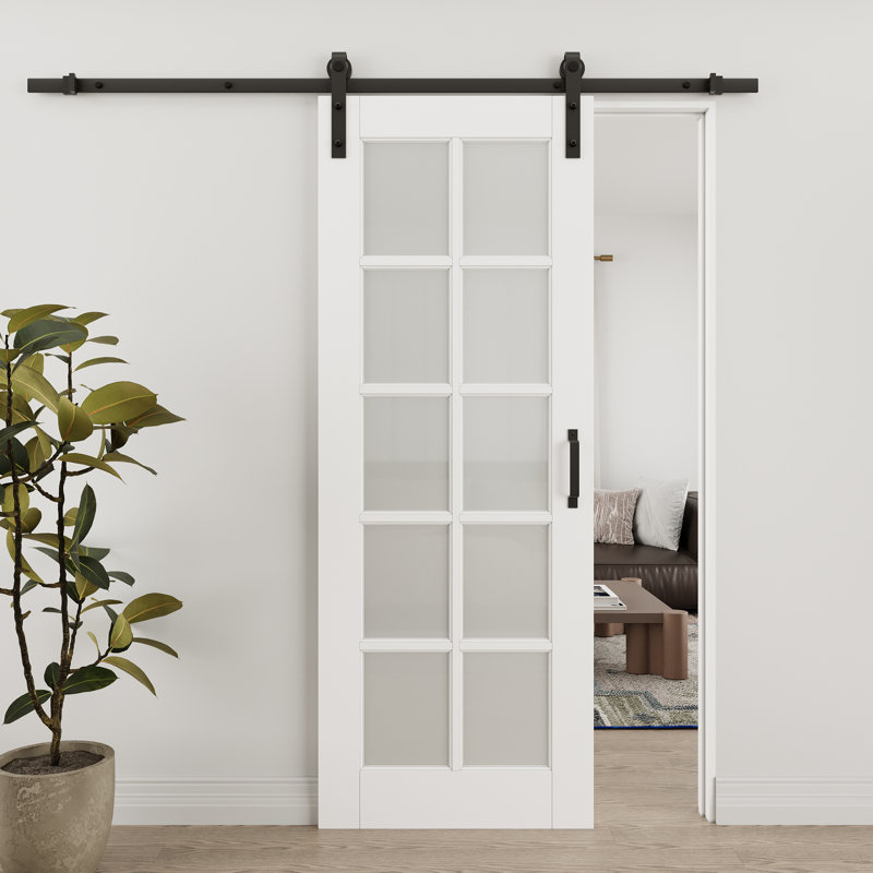 Porte de grange coulissante en verre givré blanc et bois manufacturé 10 Lite avec trousse de quincaillerie d'installation (aucun assemblage requis)