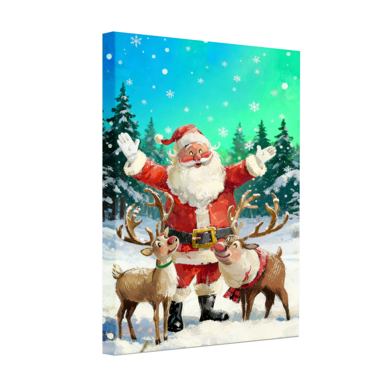 Noël père Noël avec renne dans la forêt enneigée, H 30 po x l 20 po