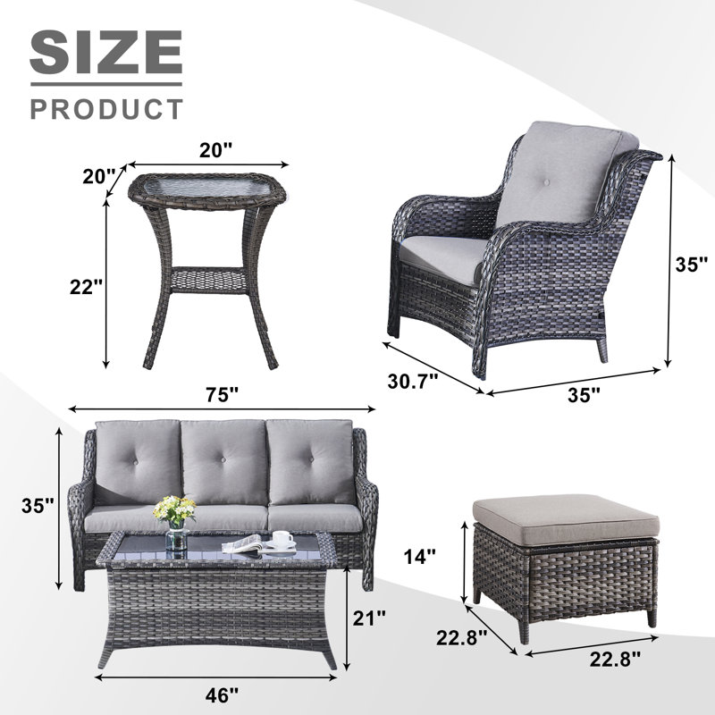 Bonia Wicker 5 - Person Patio Conversation Set with Cushions, Gray Frame/Gray Cushion 