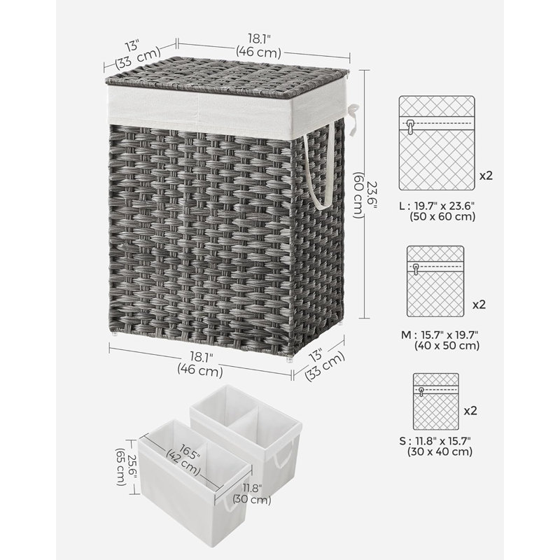 Panier à linge avec couvercle, 90 L avec 2 sacs de doublure amovibles, 6 sacs en filet, panier à linge en osier, Gris