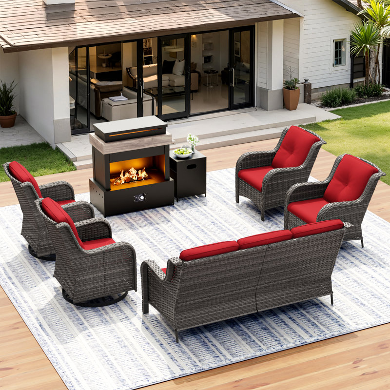 Ensemble de conversation en rotin pour 7 personnes avec foyer 5000BTU, chaises C4 et coussins rouges, Rouge
