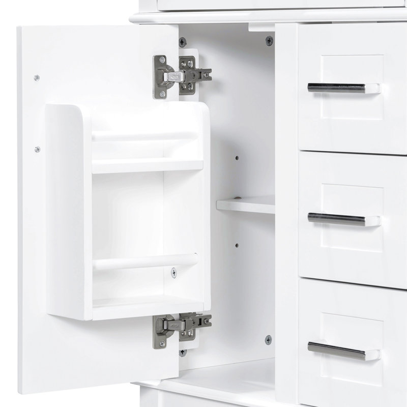 Meuble-lavabo de 24 po avec lavabo en céramique, structure en bois massif et armoire en MDF, 1 porte, tiroir rabattable et 3 tiroirs, charnières à fermeture en douceur, tablette réglable, poignées argentées