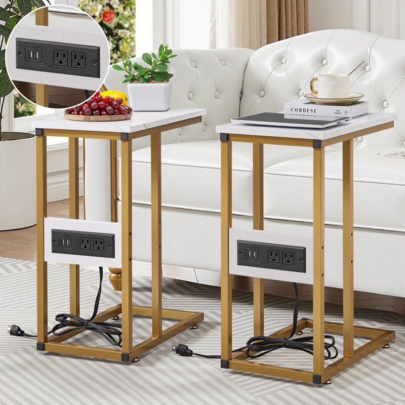 C End Table With USB And Built-In Outlets, Gold/White