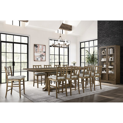 Table à tréteaux à hauteur de comptoir, finition amande, extensible de 84 po à 114 po, placages, largeur 44 po, hauteur 36 po, parquet géométrique, plateau de table de 230,5 lb, convient à diverses occasions,