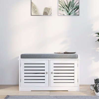 Banc de rangement pour chaussures avec coussin de siège rembourré, banc d'entrée avec 2 portes de grange - blanc