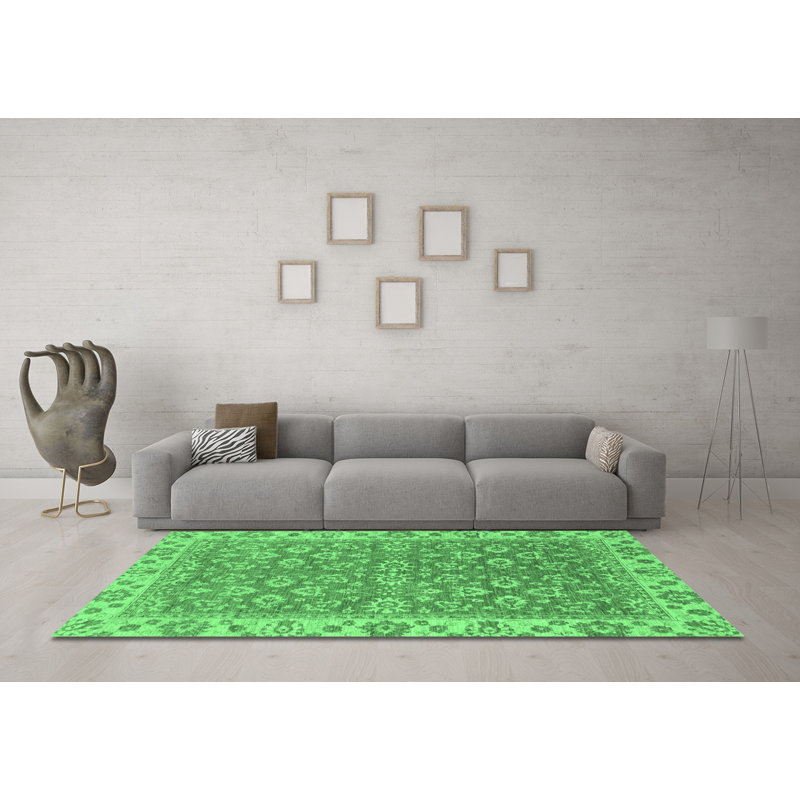 Tapis abstrait vert émeraude lavable à la machine 813, Rond 6 pi
