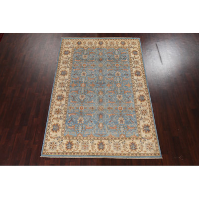 Tapis bleu en laine noué à la main de conception unique 6 pi 6 po x 9 pi 8 po