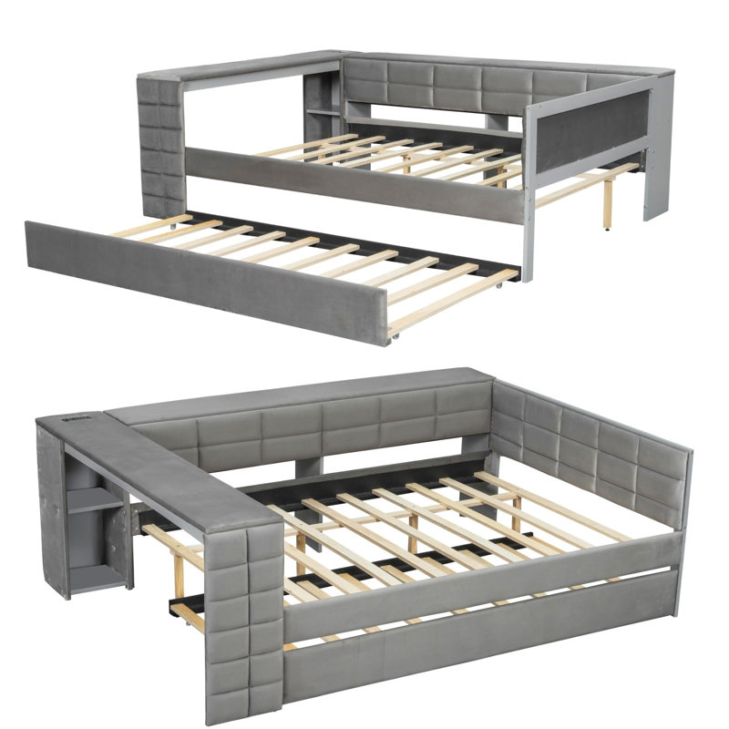 Lit plateforme tapissier pleine grandeur avec tablettes de rangement, bureau et station de recharge USB - Comprend un lit gigogne simple, un tissu en velours et une structure en bois (aucun sommier nécessaire)