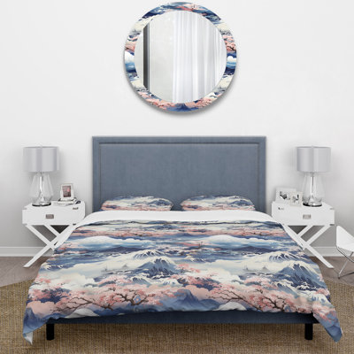 Blue And Pink Zen Japanese Landscape I - Japanese Duvet Cover Set