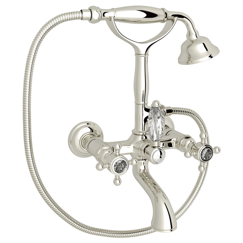 Country Bath Triple Handle Wall Mount Exposed Tub Filler Faucet, Polished Nickel, Metal Cross Handle