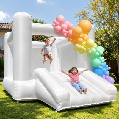 White Bounce House With Blower Large Bouncy Castle For Kids Birthday Party Events (133.86 X 96.46 X 74.02inch)