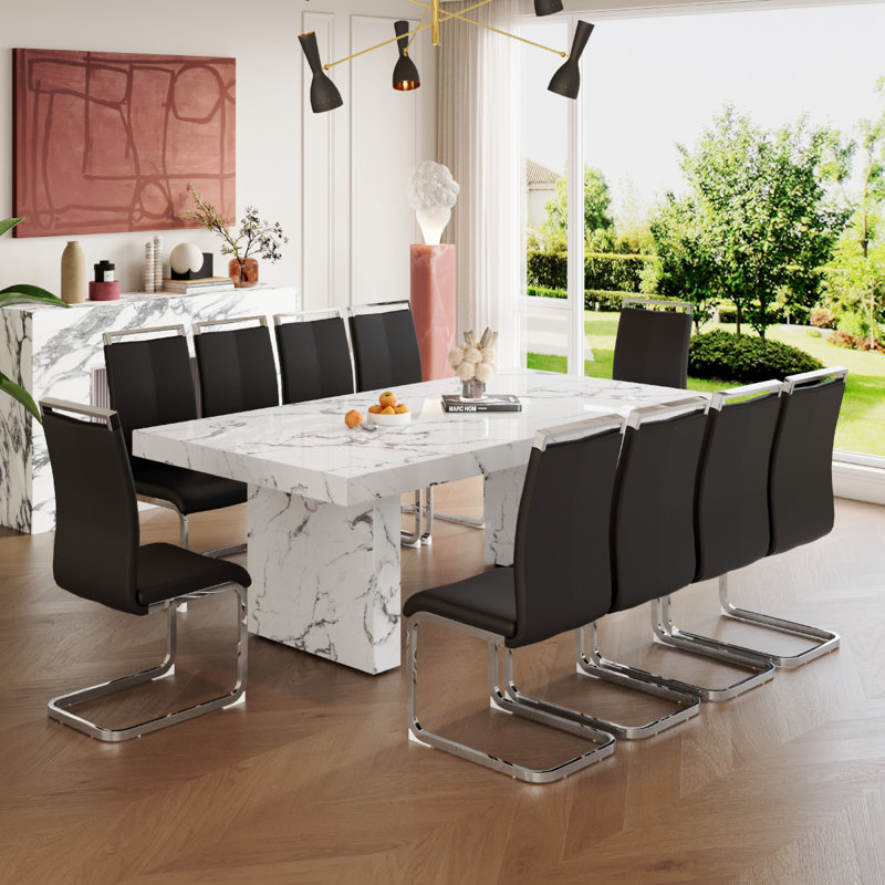 Marble-Patterned Dining Table Set for 10, Black, 11 Pieces: Table, 10 Chairs