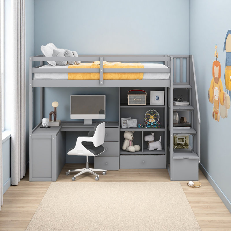 Lit mezzanine simple avec bureau en L et tiroirs, armoire et escalier de rangement, Gris