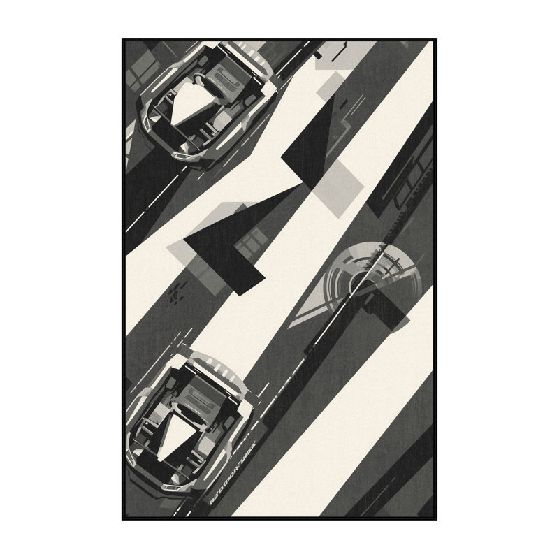 Machine Washable Noma Go Kart Racing Modern Geometric Rug in Gray – Black Binding, 4x6