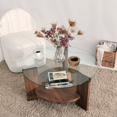 Modern Coffee Table with 100% Tempered Glass Top, Walnut Color, 29.5 x 15.7 x 29.5 inches | Sturdy 100% Pine Solid Wood Frame | Stylish and Durable Design for Living Room, Contemporary Home Décor, Easy Assembly, Elegant Addition to Any Space