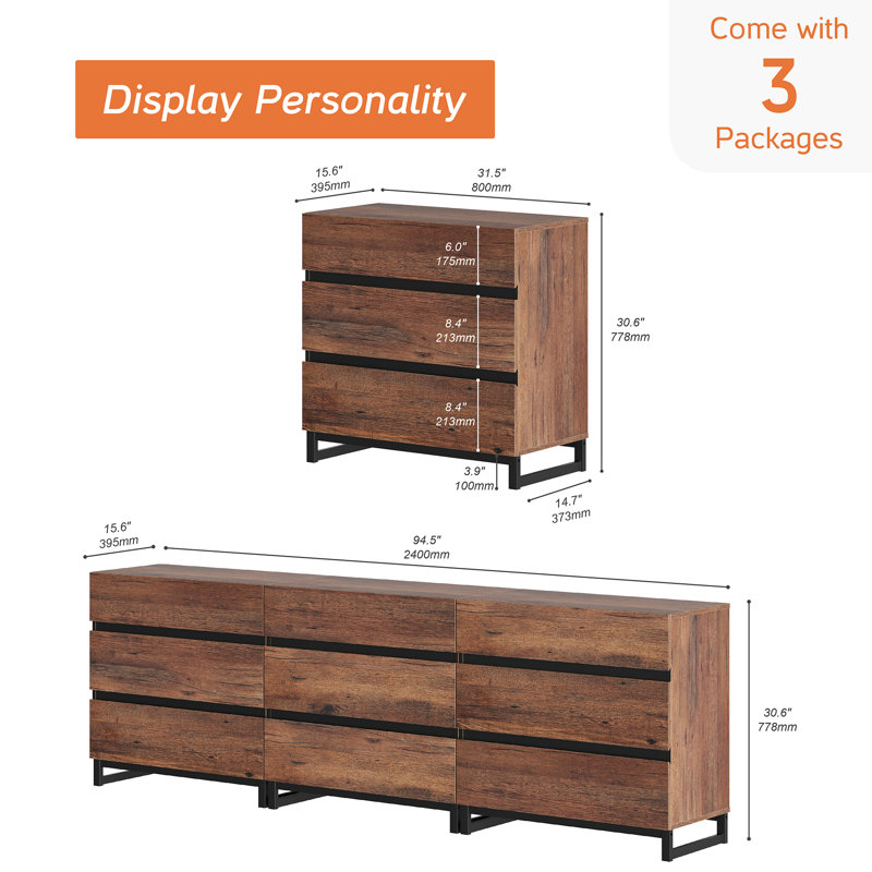 Aadam 9 Drawer 94.5" W Accent Cabinet, Dark Walnut