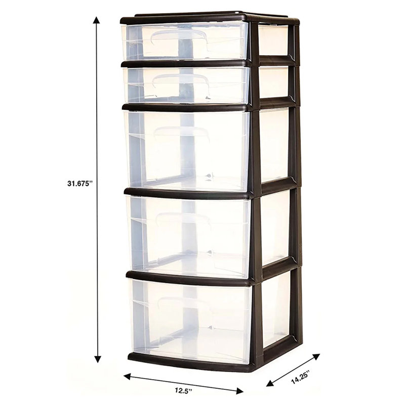 Black and Clear Plastic 5-Drawer Storage Tower