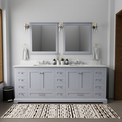 Meuble-lavabo double gris foncé 84 po X P 22 po avec plateau en marbre et robinet - mécanisme à fermeture en douceur, surface à gratter et à teindre, deux armoires à quatorze tiroirs pour le rangement pratique