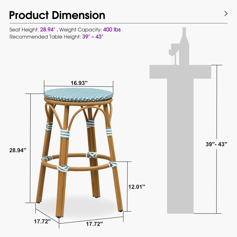 Ensemble de 2 tabourets de bar et tabourets de bar, Soft Blue, 28.94"