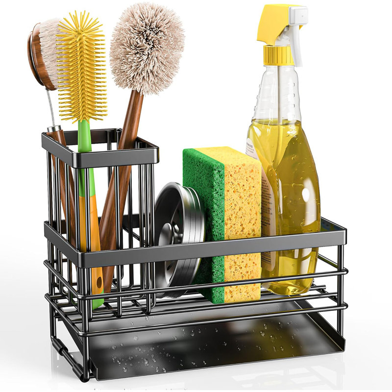 Sponge Holder For Kitchen Sink - Rustproof Stainless Steel Sink Caddy Organization And Storage Essentials With High Brush Holder