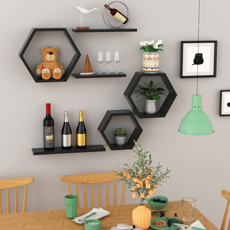 Hexagon Floating Shelves Set Of 6, Geometric Wall Shelves With Honeycomb Design For Modern Rustic Home Decor And Storage Solutions