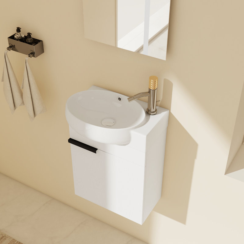 Ensemble de meuble-lavabo simple 17 po avec plateau en céramique Hermanna, Blanc lustré